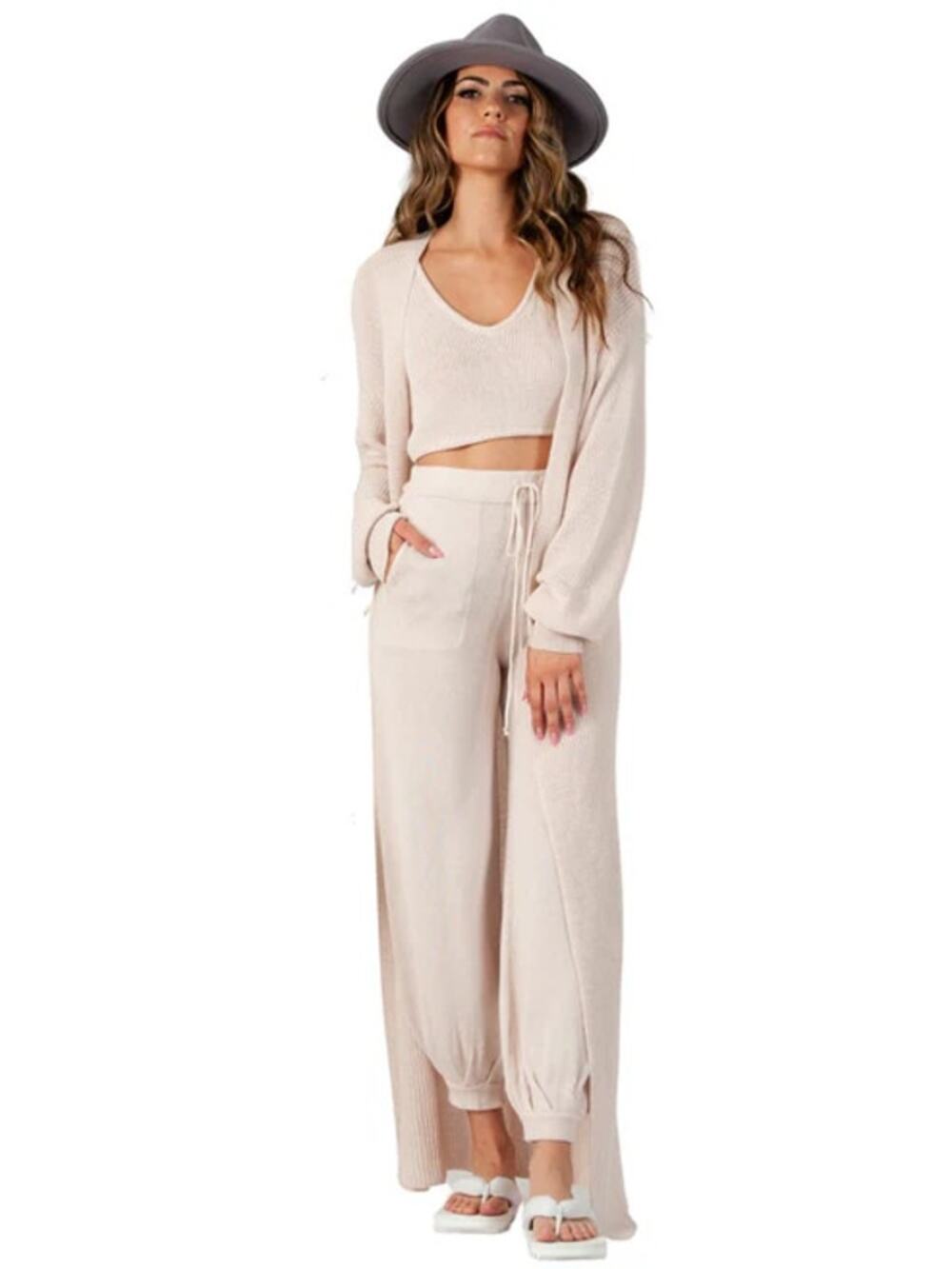 Lucca Oyster Beige Linen Blend Maia V-Neck Knit Crop Tank Top Women's Size Small